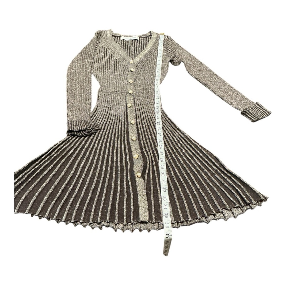 Taylor Metallic Ribbed Knit Dress Gold Button Front Size M - Picture 5 of 8